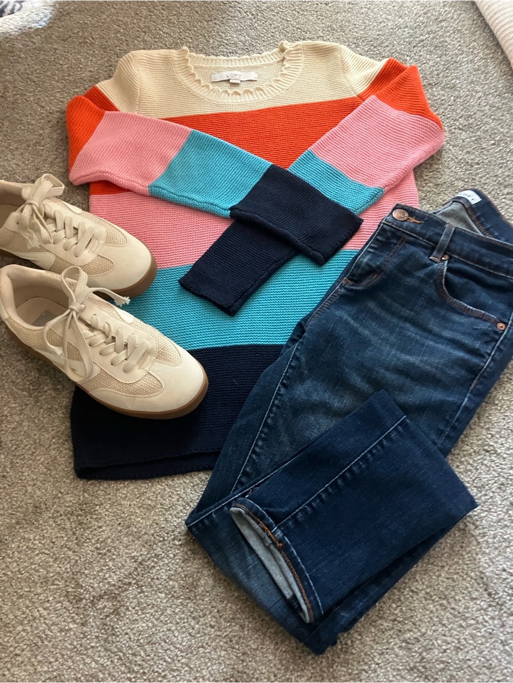 LOFT Striped Colorblock Knit Sweater in Cream, Orange, Pink, Turquoise, Navy